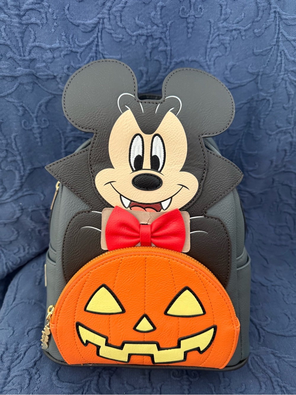 Disney Black Mickey Vampire Backpack with Orange Pumpkin and Red Bow